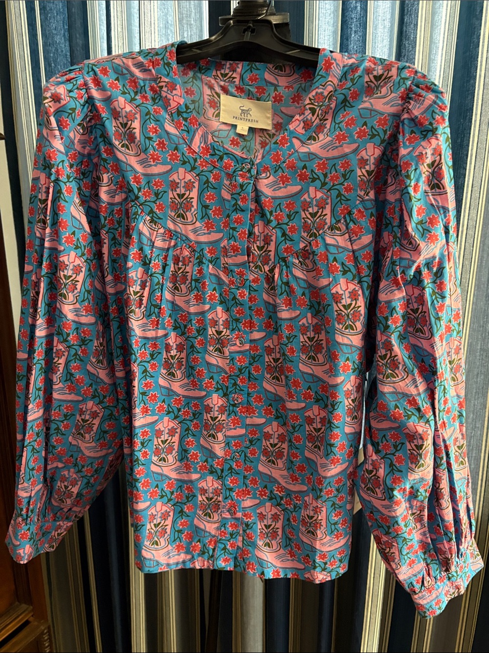 Printfresh Teal and Pink Floral Western Boot Button-Front Blouse